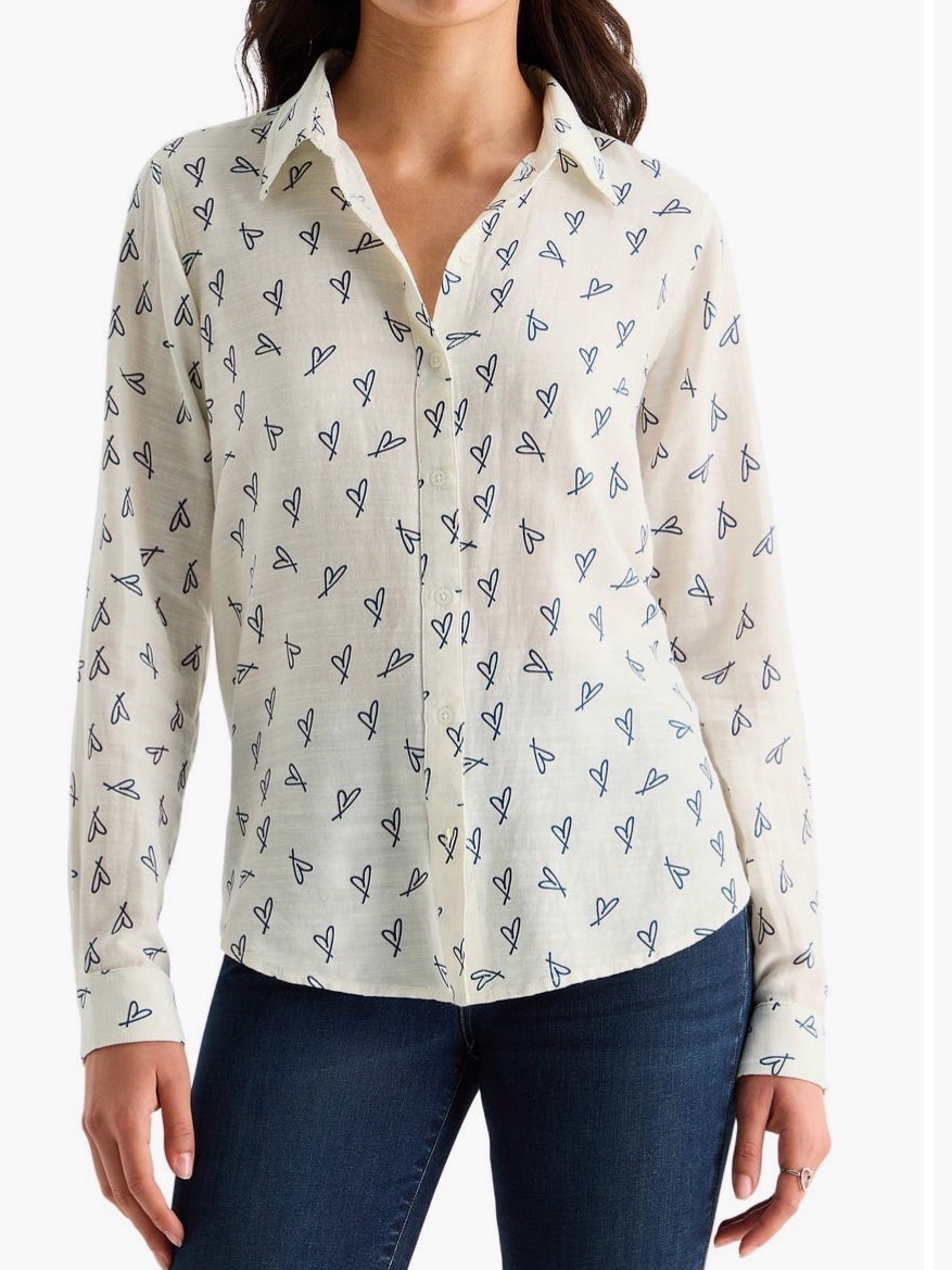 Lucky Brand Cream Button-Down Shirt With Navy Hearts